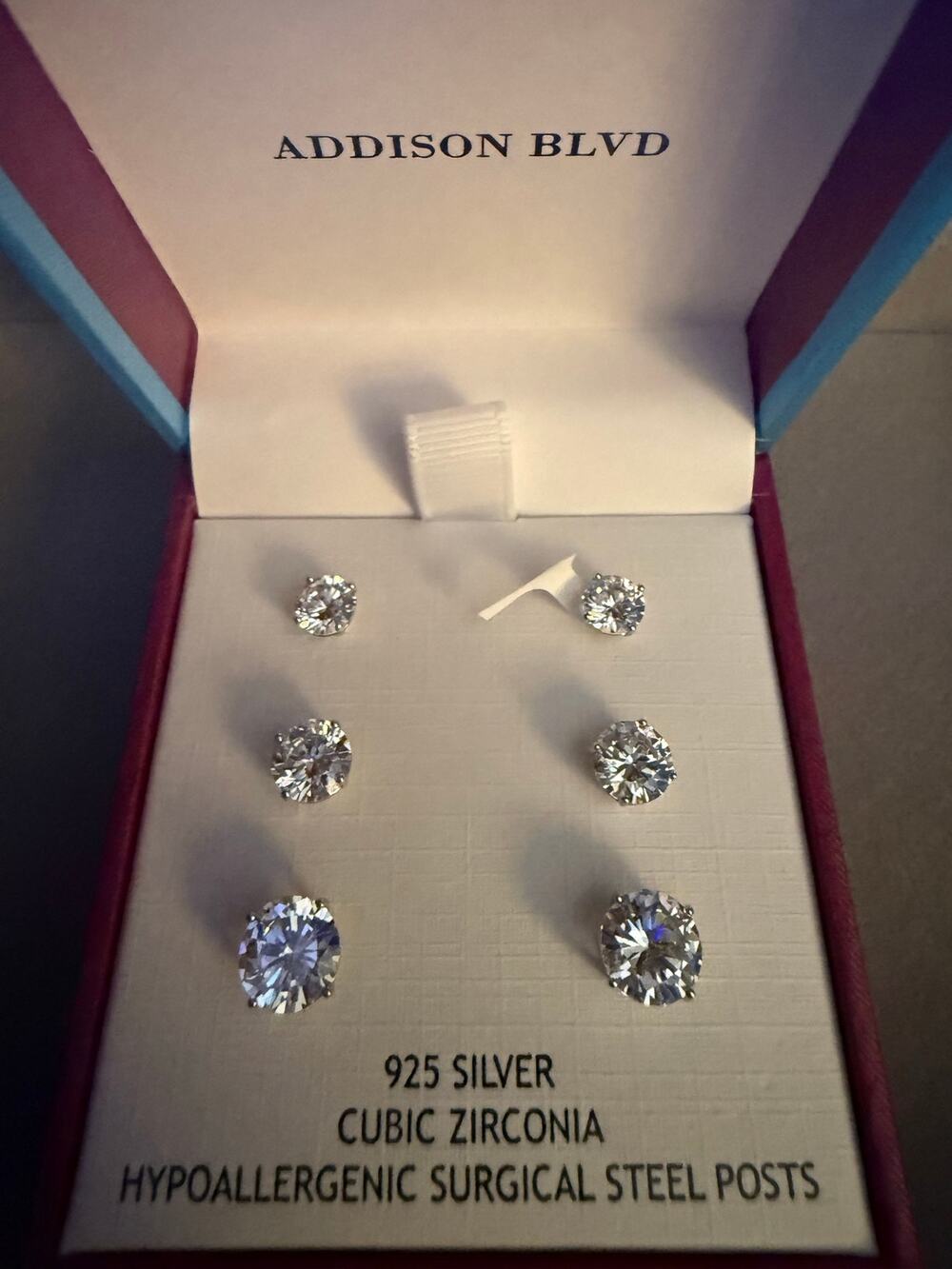 Addison Blvd 925 Silver CZ Stud Earrings 3 Pair Set New in Box Gift